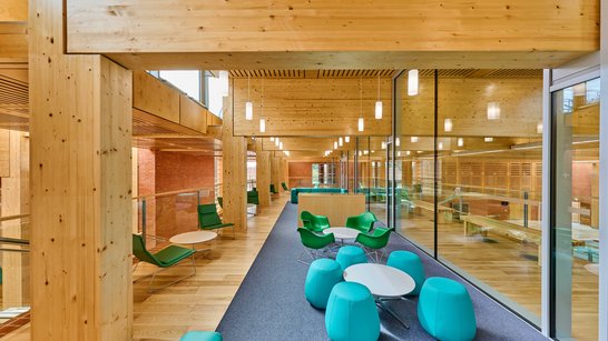 Gemütlicher Loungebereich mit bunten Sesseln in Holzbauweise