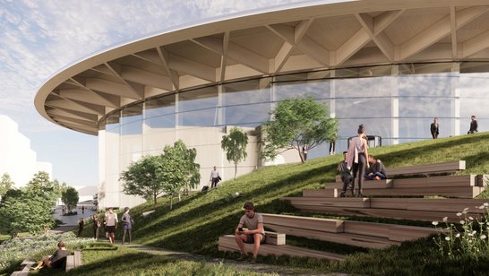 Ansicht der World of Volvo aus dem Garten